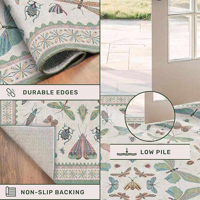 Washable Boho Bathroom Rug 2x3, Small Throw Rugs for Kitchen, Powder Room, Front Door Indoor Entrance, Non Slip Low Pile Stain Resistant, Dusty Green Colorful Cool Insect Aethestic