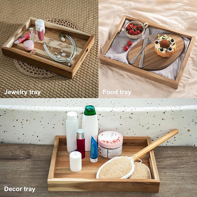 Natural Acacia Wooden Rectangular Serving Tray with Handles, Set of 2 (15"x11"), Large Tray for Ottoman, Breakfast in Bed, Dinner, Coffee Table Decor & Kitchen