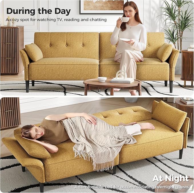 89” Futon Sofa Bed,Comfy Futon Couch Bed with 2 Square Pillows,Convertible Sleeper Sofa with Adjustable Backrest& Armrests, Modern Loveseat Sleeper for Living Room, Bedroom, Linen Yellow