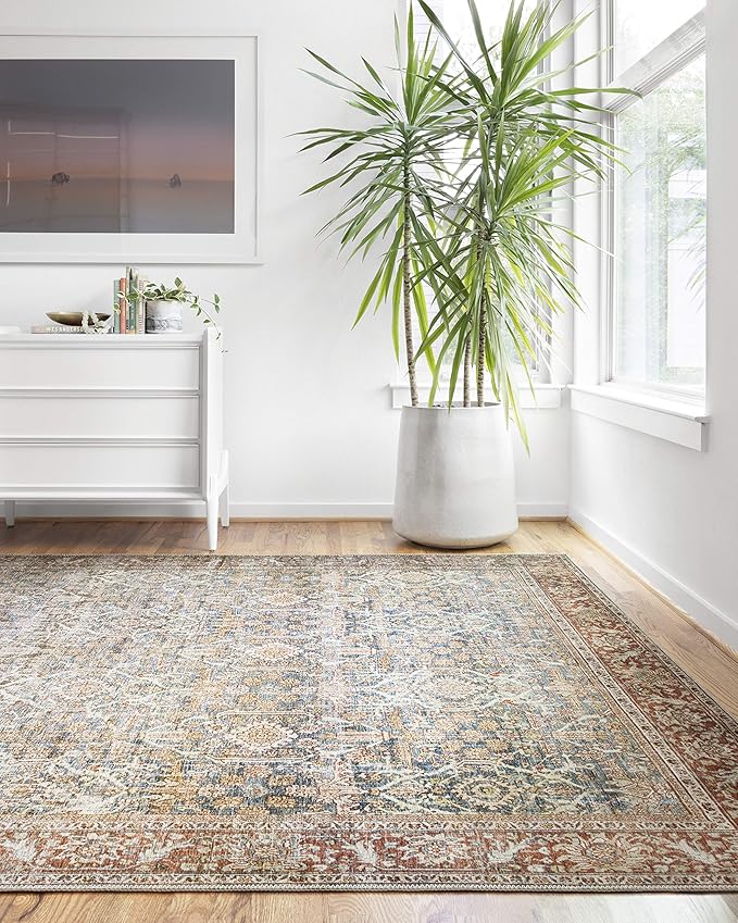 Loloi Layla Collection LAY-04 Ocean/Rust 9'-0" x 12'-0" .13" Thick Area Rug, Soft, Durable, Vintage Inspired, Distressed, Low Pile, Non-Shedding, Easy Clean, Printed, Living Room Rug