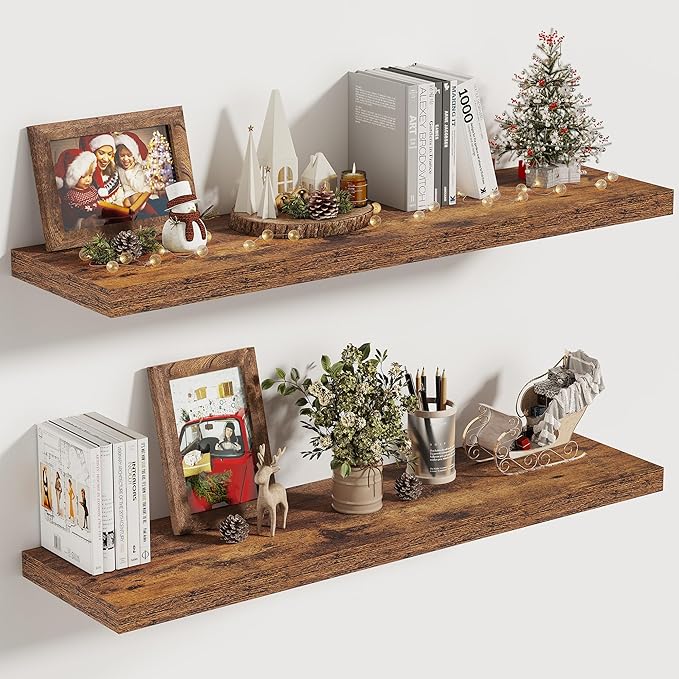 Vivelove 10 Inch Deep Floating Shelves 30 inch Long, 30 x 10 Wide Wall Shelves with Invisible Brackets, for Bedroom Bathroom Living Room Kitchen Office, Farmhouse Home Decor, Set of 2, Rustic Brown