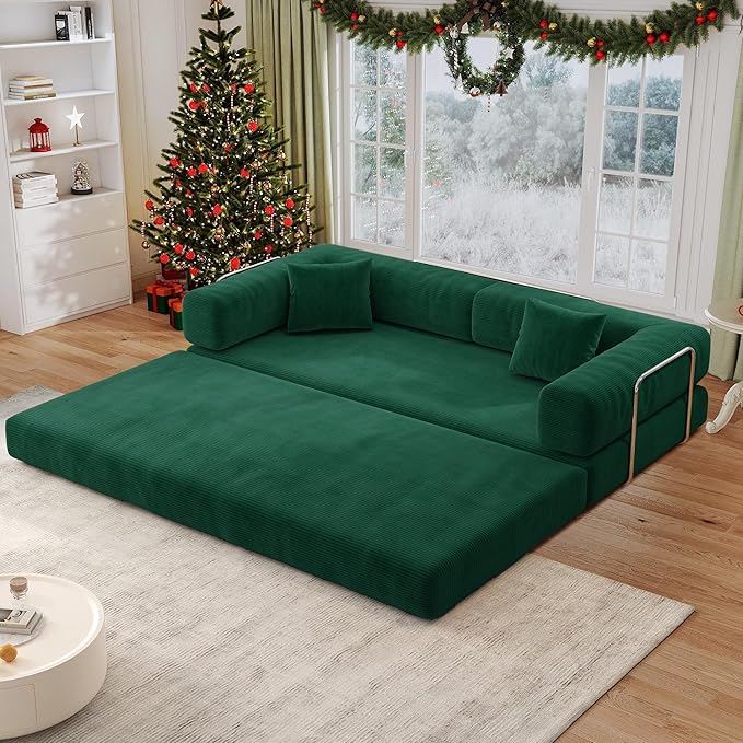 Antetek Convertible Futon Sofa Bed, 3-Seater Modern Corduroy Foam Floor King Size Bed Fold Out Sleeper Lounge Loveseat Sofa Couch with 2 Throw Pillows for Living Room Bedroom Guest Room, Turquoise