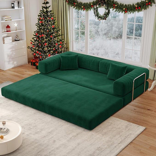 Antetek Convertible Futon Sofa Bed, 3-Seater Modern Corduroy Foam Floor King Size Bed Fold Out Sleeper Lounge Loveseat Sofa Couch with 2 Throw Pillows for Living Room Bedroom Guest Room, Turquoise