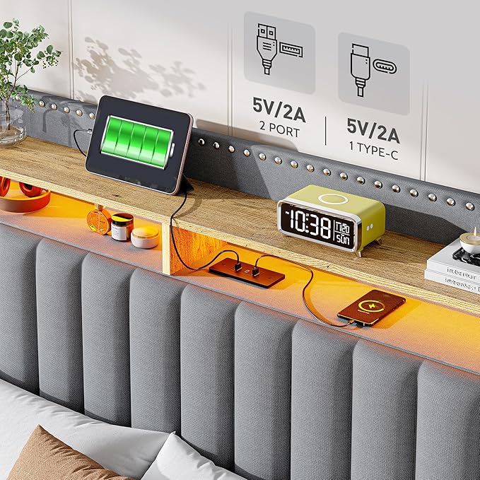 EnHomee King Size Bed Frame with 2 Storage Drawers, Upholstered Platform Bed with LED Lights and Charging Station, Sturdy Wooden Slats Support, No Box Spring Needed, Noise Free, Grey