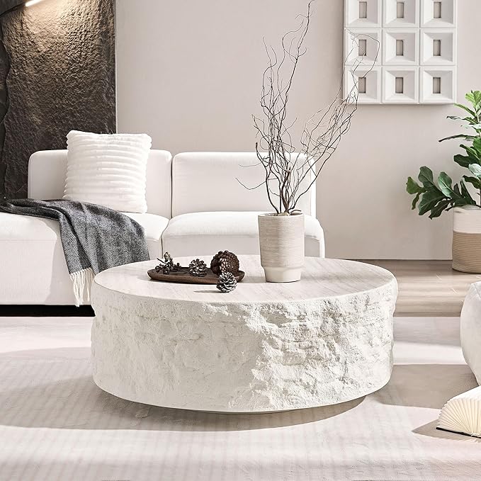 Round Coffee Table, 35.43" Fiberglass Imitation Stone Accent Table for Living Room, Bedroom, Apartment & Office, Beige, No Need Assembly