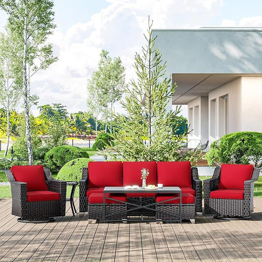 7 Pieces Wicker Patio Furniture, Luxury Outdoor Furniture with 2 Patio Swivel Chair, 3-Seater Sofa, 2 Patio Ottoman, 1 Coffee Table and 1 Side Table, Wide Armrest, Thickened Cushions