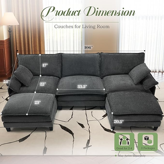 Modular Sectional Sofa, Comfy Cloud Couch with Movable Ottoman, Deep Seat Couches for Living Room, Bedroom and Apartment, 106" U Shaped Modern Sofa with Pillows, Grey