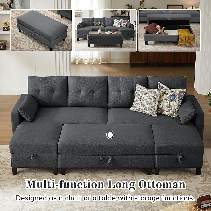 101" Convertible Sectional Sofa with Ottoman Coffee Table, Modern Linen Fabric U-Shaped Couch with Storage Pocket, 4 Seat Sofa Couches for Living Room, Apartment, Office, Darkgrey