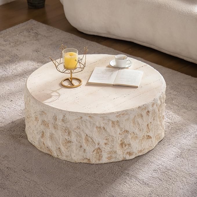 31.49" MgO Round Centre Coffee Table Vintage Faux Stone Sofa Pre-Modern Coffee Tables for Living Room Office Apartment,Amber
