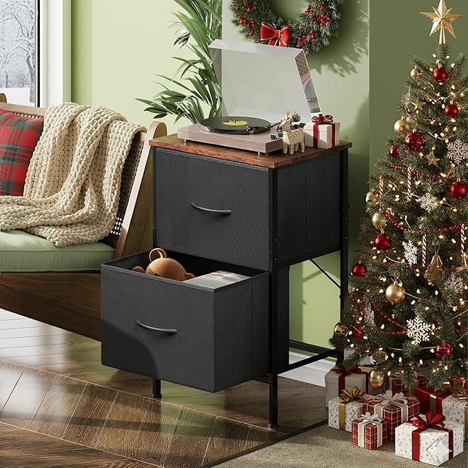WLIVE Nightstand, Nightstand with 2 Drawers, Bedside Furniture, Night Stand, Small Dresser for Bedroom, College Dorm, End Table with Fabric Bins, Dormitory, Black and Rustic Brown, Size L