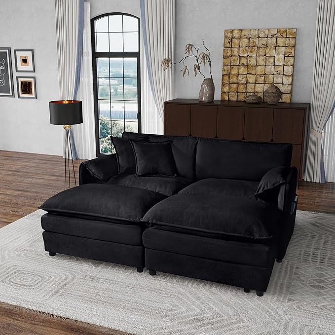 Loveseat Deep Seat Sectional Sofa Cloud Couch, Modern Chenille Comfy Upholstered Modular U Shaped Couch for Living Room, Apartment, Office (Black, 75.59 Inch-U Shape)