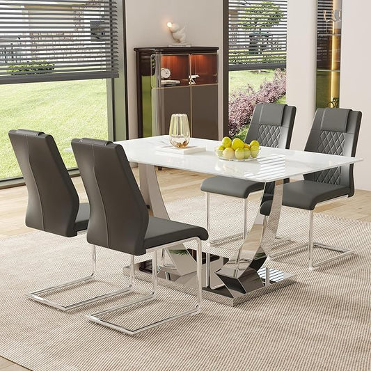 AZmac 63" Modern Dining Table Set for 4, White Dining Room Set for 4, Tempered Glass Kitchen Table and PU Leather Chairs, Marble Pattern Top with Sturdy Silver Chrome Base
