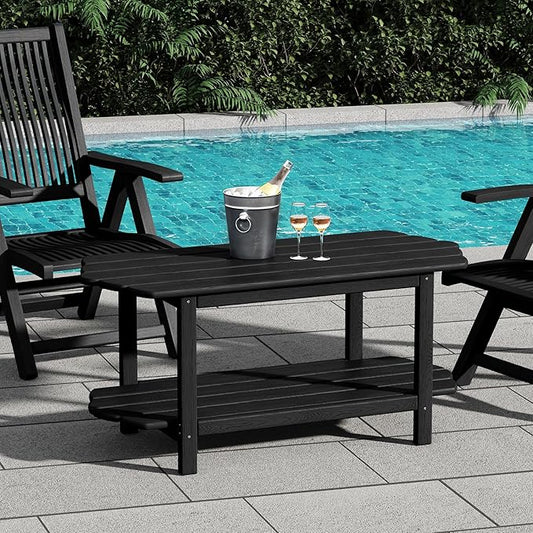 Adirondack Outdoor Patio Table-2 Tier Black Coffee Table Irregular Outside Table for Backyard Pool
