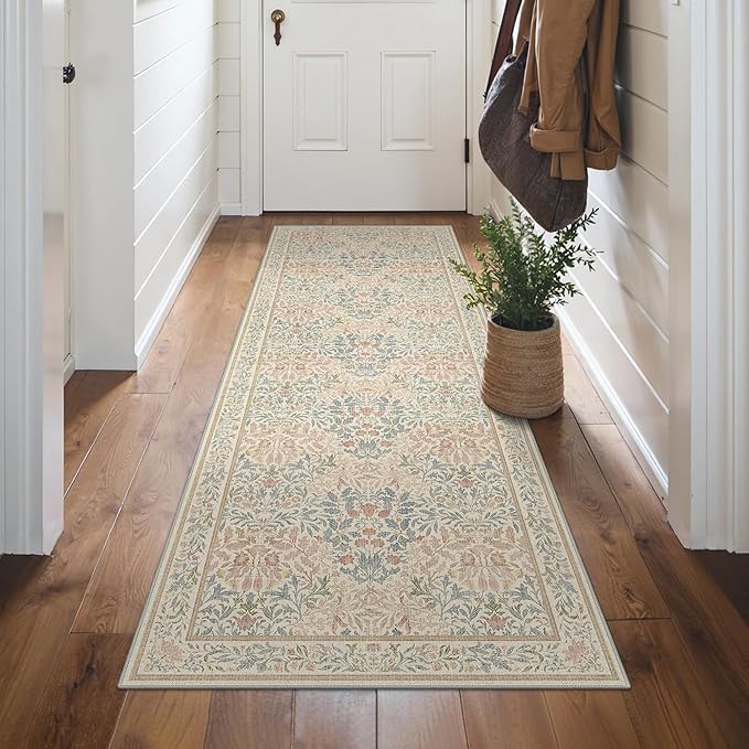 GENIMO Floral Washable Runner Rug 2’6”x8’, Non-Slip Long Hallway Carpet for Entryway, Kitchen, Indoor Floor Use, Vintage Boho Soft Thin Rug Décor, Beige Pink