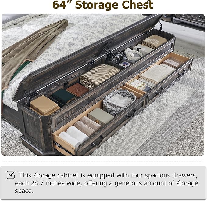 T4TREAM Farmhouse Queen Bed with Headboard and Storage Bench, Rustic Wood Platform Bed with 64" Storage Chest w/ 4 Large Drawer, Dark Rustic Oak