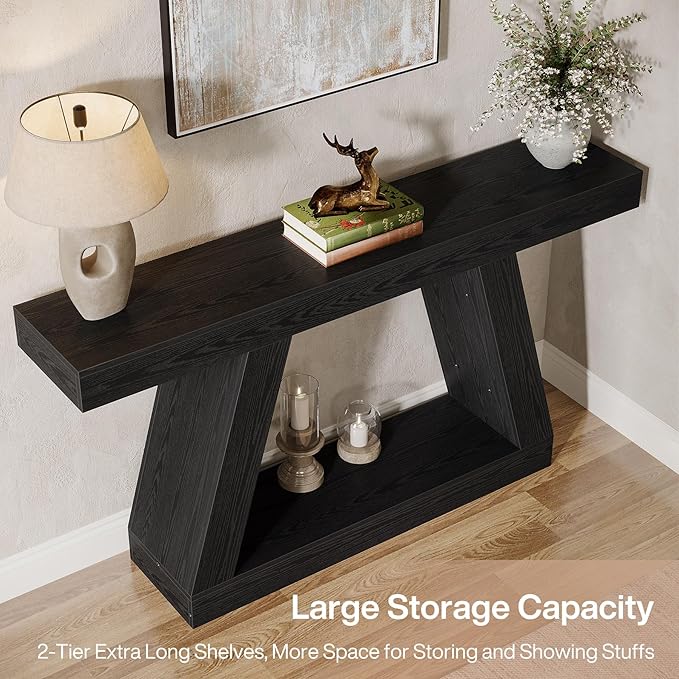 Tribesigns Farmhouse Console Table, 55-Inch Rustic Sofa Table with Storage, Industrial Wooden Entryway Table for Hallway, Living Room, Black