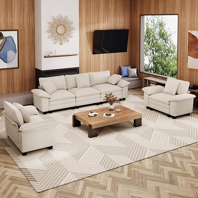 Cloud Couch Sectional Sofa Set, Plush 24.4-Inch Deep 5-Seat Sectional with Velvety Corduroy & Removable Arms for Living Room and Apartment, Beige