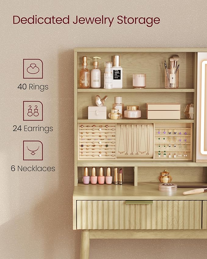 VASAGLE MAXE Collection - Vanity Desk with Sliding Mirror and Lights, Mid Century Modern Fluted Makeup Vanity with 10x Magnifying Mirror, Charging Station, Jewelry Storage, Oak Beige URDT139YC01S