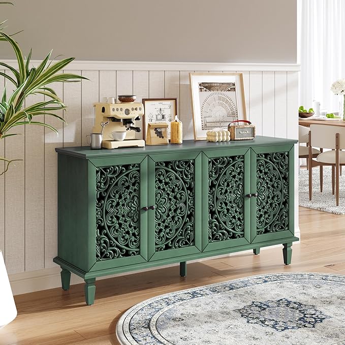 Retro 60'' Large Storage Cabinet Sideboard with 4 Hollow-Carved Doors and Adjustable Shelves, Acacia Wood Vintage Entryway Console Table TV Stand for Living Room Dining Room (Antique Green-LK)
