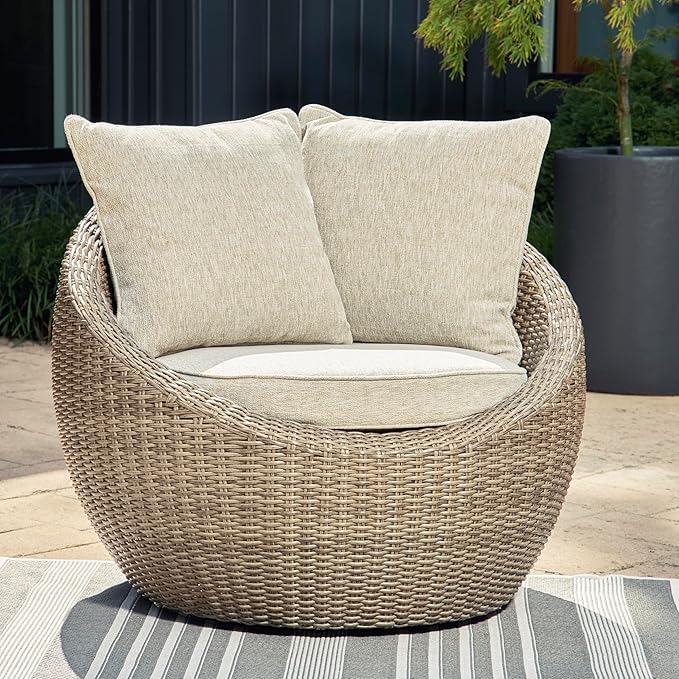 Signature Design by Ashley Danson Outdoor Lounge Chair with Cushion and 360-Degree Swivel, Set of 2, UV-Resistant Performance Fabric and Resin Wicker, Light Brown