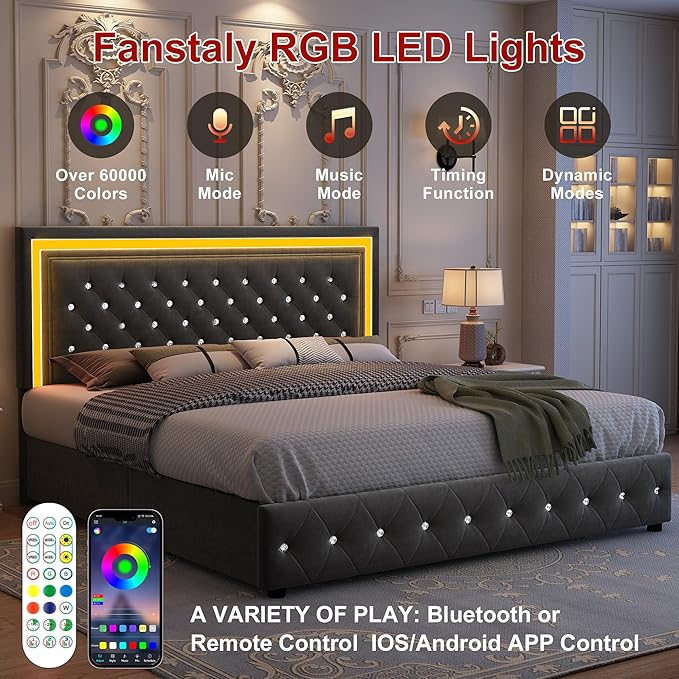 Full Bed Frame with LED Lights, Storage Drawers, No Box Spring Needed, 900 lbs Capacity, Easy Assembly, Velvet Grey