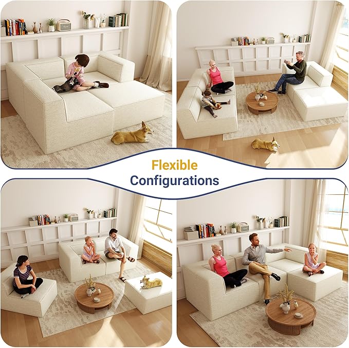 106" Sectional Compressed Sofa Modular Couches L-Shape with Chaise,High-Density Foam No Assembly Required,4-Piece(2xCorner 1xArmless 1xOttoman) for Living Room Chenille Beige