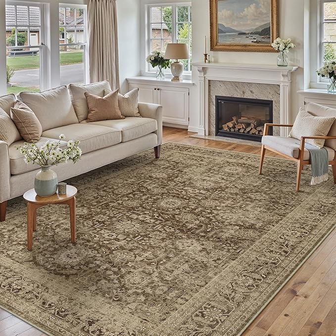 Brown 6x9 Area Rug Non Slip Vintage Living Room Distressed Machine Washable Carpet Retro Indoor Bedroom Traditional Floral Accent Throw Rug for Office Kitchen Dorm Dining Room