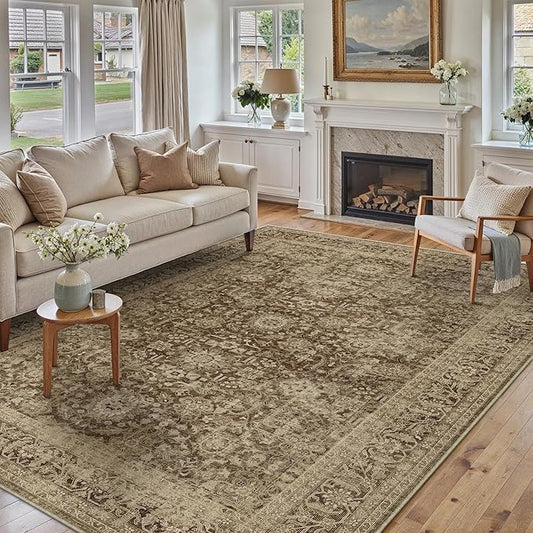Brown 6x9 Area Rug Non Slip Vintage Living Room Distressed Machine Washable Carpet Retro Indoor Bedroom Traditional Floral Accent Throw Rug for Office Kitchen Dorm Dining Room