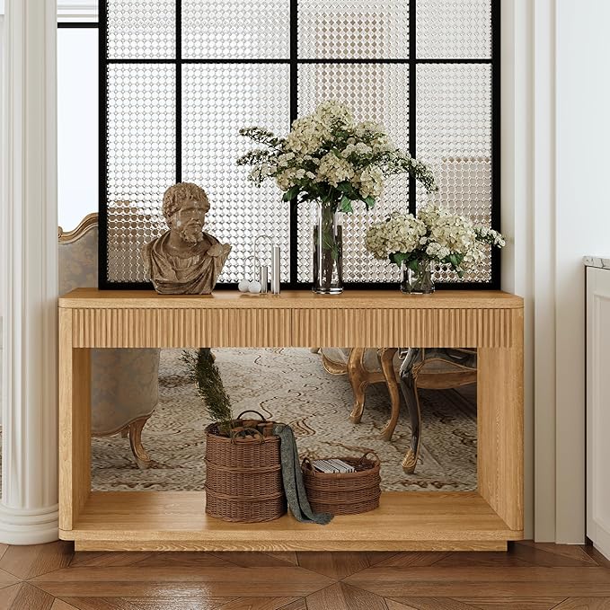 59.8”Rectangular Rustic Fluted Console Table with 2 Drawers,Solid Wood Entry Table Hallway Table, Modern Farmhouse Narrow Sofa Table for Foyer Living Room,Bedroom,Apartments-Natural Oak