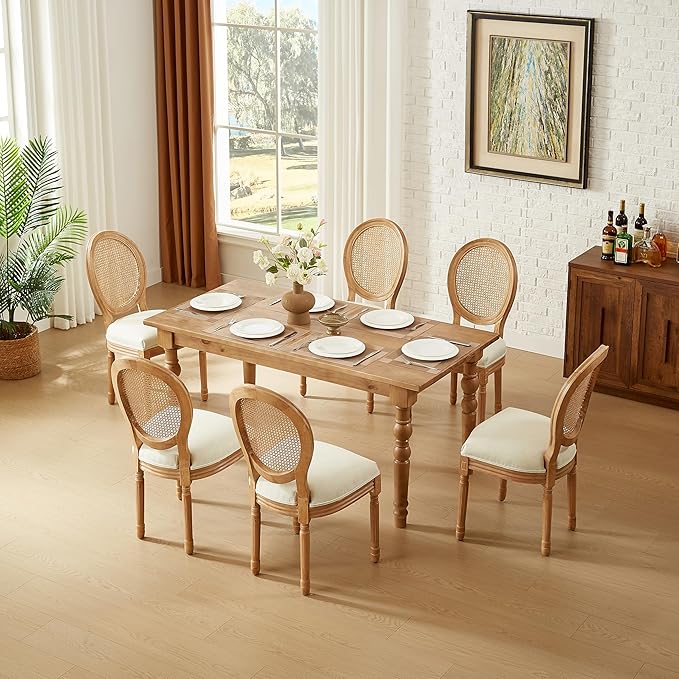 Nrizc Farmhouse Fabric Dining Room Chairs Set of 6, French Chairs with Round Back, Rattan Dining Chair, Oval Side Chair for Dining Room/Kitchen/Restaurant