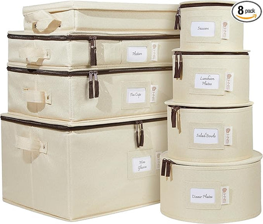 Hard Shell China Storage Containers 8-Piece Set Moving Boxes for Dinnerware, Glasses, Plates, Mugs and Saucers Sturdy Dish Organizer with Dividers for Seasonal Storage - Service for 12 - Beige