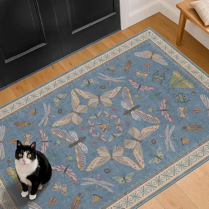 Washable Blue Rugs for Bedroom Bedside - 3x4 Area Rug for Large Kitchen, Entrance Indoor, Boho Insect Print Bug Décor, Non Slip Low Pile Fade Resistant