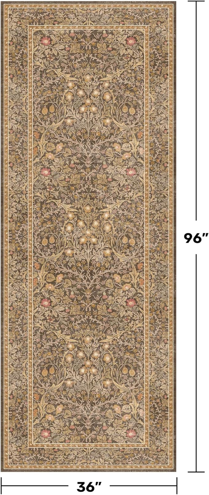 Brown 3x8 Vintage Kitchen Runner Rug Stain Resistant, Wide Washable Non Skid Long Runner Rugs for Hallway, Entryway Indoor, Non-Slip Low Pile Ultra Soft Stain Resistant Floral Carpet