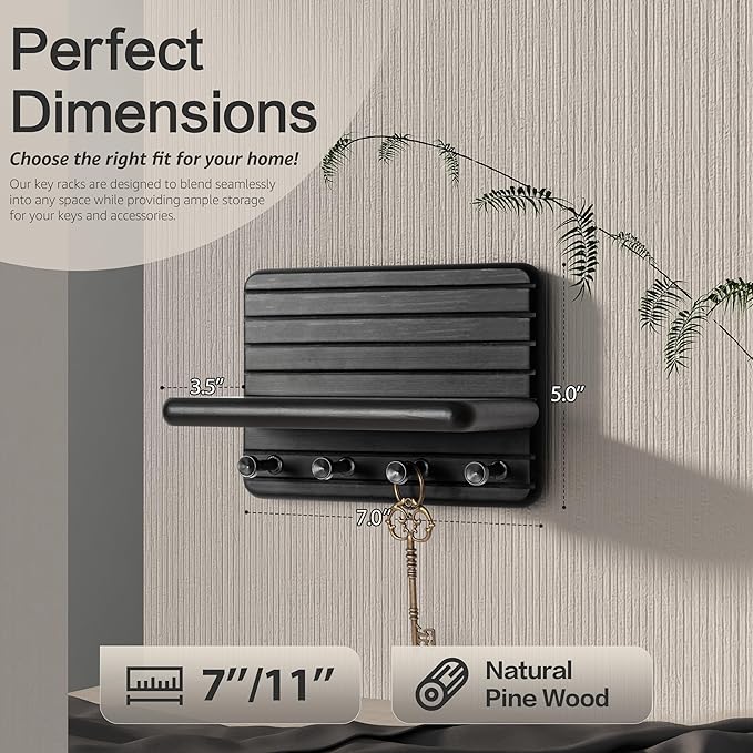 Rebee Vision Small Key Holder Wall Mount for Home Decor – Modern 7-inch Key Rack for Wall with 4 Sturdy Hooks & Mini Floating Shelf - Ideal Home Organization Solution for Small Space (Black)
