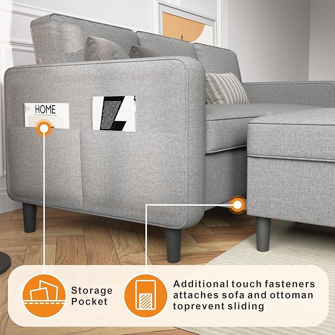 Sectional Sofa Couches for Living Room, 78'' Light Grey 3 Seater L-Shaped Couch with Storage Ottoman, Comfy Fabric Convertible Sectionals Sofas with Chaise for Apartment, Office, Small Space