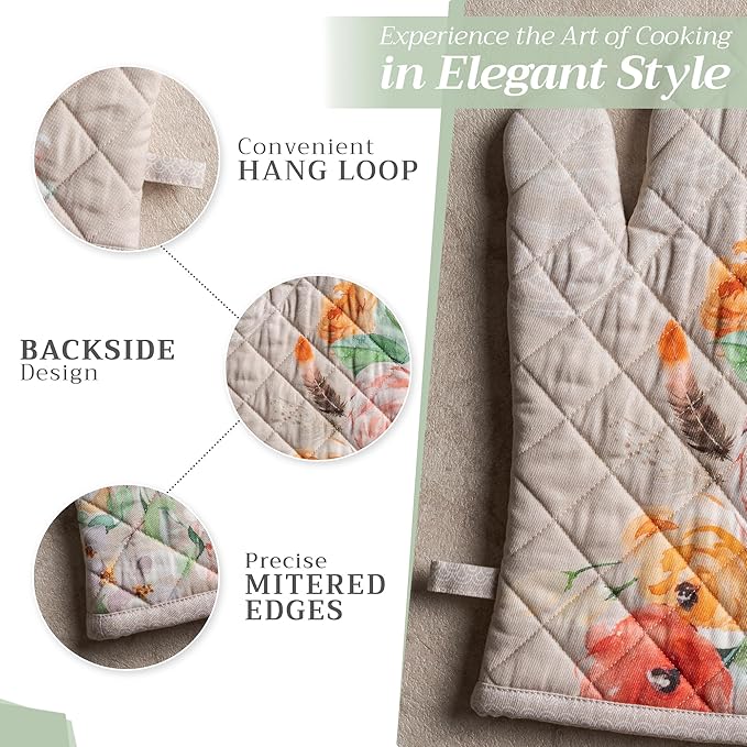 Maison d' Hermine 100% Cotton Oven Mitt & Pot Holder Set (7.5"x13" & 8"x8") Heat Resistant BBQ Cooking Gloves with Loop, Baking, Grilling, Kitchen, Handling Hot Pans Spring/Summer (Ibiza - Beige)