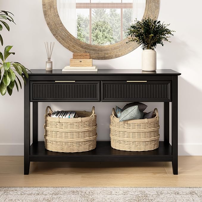 Bush Home Fluted Console Table with Drawers, Living Room Furniture, Camille Collection, Onyx Birch Black