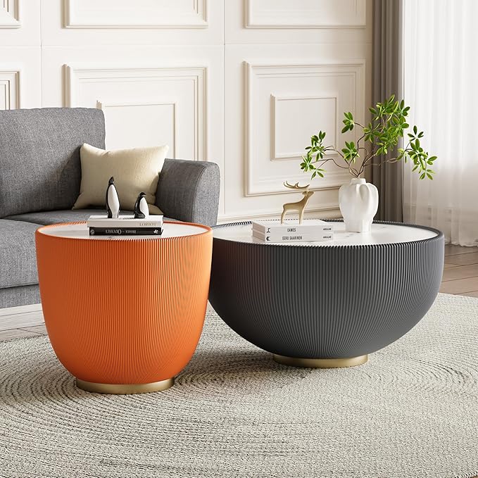 Round Coffee Table Set with Sintered Stone Tabletop, 27.56" Grey Drum Center Table and 19.69" Orange Coffee Table Set, 2 Pieces Living Room Table Set with Fluted PU Leather Cover& Metal Base
