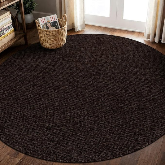 Non Slip Brown Solid Rubber Back Thing Rug for Living Room 6 Round Area Rugs for Kitchen, Rugs for Bedroom, Stain Resistant Easy Cleaning Non Shedding Carpet Brown 6 Round