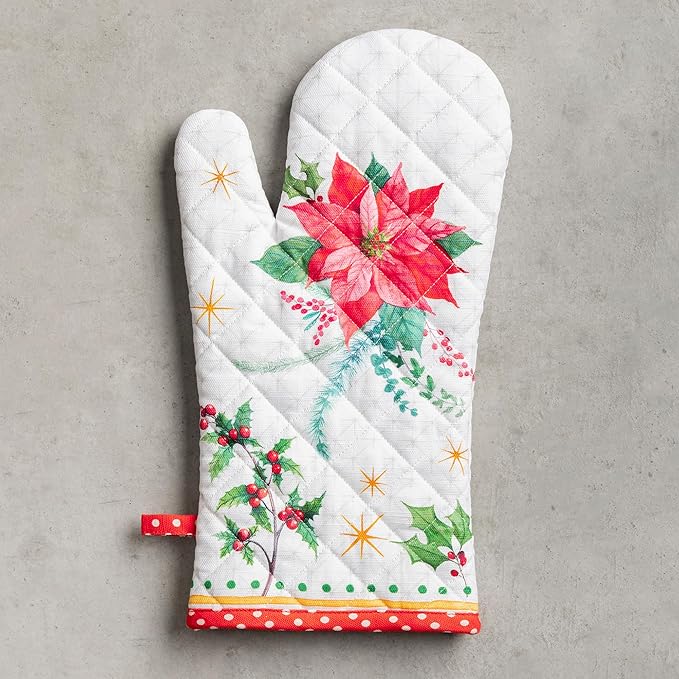 Maison d' Hermine Oven Gloves 100% Cotton Oven Mitt 7" x 13" with Loop Heat Resistant Cooking Gloves for Thanksgiving Christmas Decorations Baking Handling Hot Pans (Pack of 1, Poinsettia Christmas)