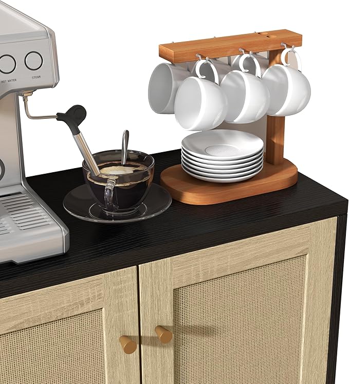 Panana Rattan Decorated 2 Doors Storage Cabinet Accent Cabinet Living Room Cupboard Kitchen Sideboard Buffet Table (Black)