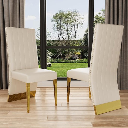 AUZ White and Gold Dining Chairs Set of 2, White PU Leather Dining Room Chair with Nailhead Trim and Gold Polished Metal Legs, Luxury High Back Dining Chairs