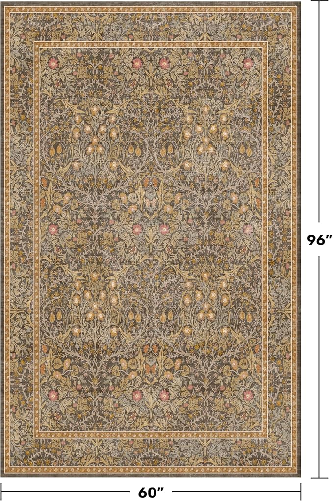 Dining Room Rugs for Under Table - 5x8 Washable Brown Oriental Area Rug for Living Room, Low Pile Non-Slip Floor Carpet for Bedroom - Vintage Design & Stain Resistance