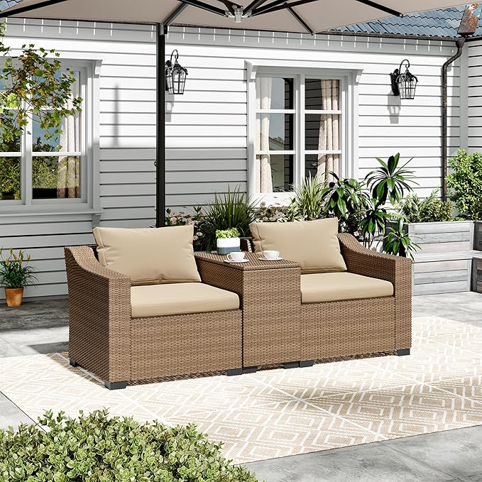 LHBcraft Patio Conversation Set Rattan Outdoor Sectional Furniture Sofa Set Wicker Couch with Coffee Table and Cushions for Poolside, Backyard (Yellow-Beige, 3-PCS)