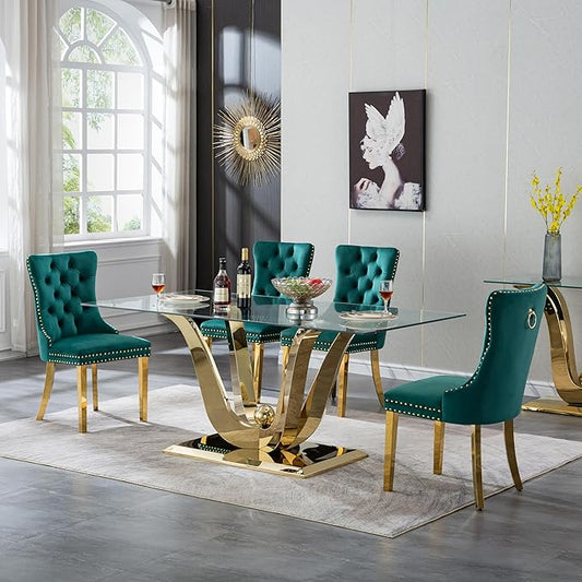 70" Modern Gold Glass Dining Table Set for 4, 5-Piece Rectangle Kitchen Dining Room Table Set with Steel Base & 4 Green Velvet Upholstered Chairs, Modern Glass Kitchen Table and Chairs Set of 4