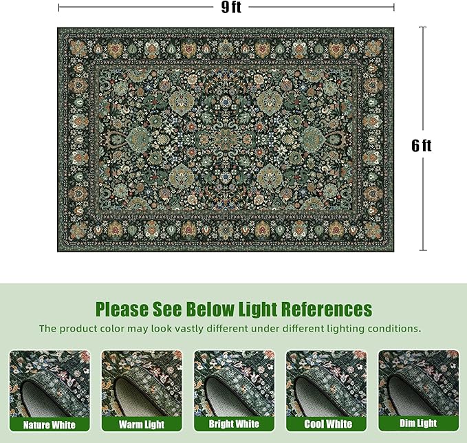 6x9 Vintage Rugs for Dining Room, Washable Rugs Non Slip Large Area Rug for Living Room Bedroom Office, Floor Decoration Big Rug Low-Pile Kid & Pet Friendly(Dark Green