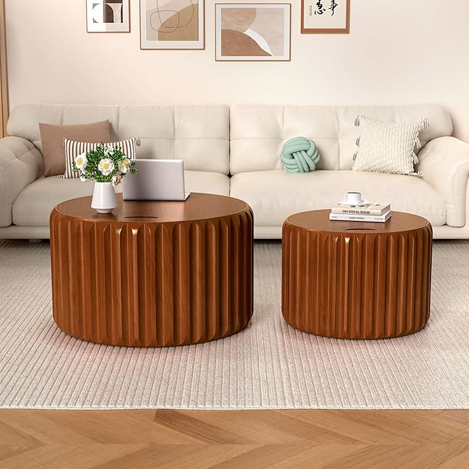 Round Nesting Coffee Table Set of 2, Round Fluted Coffee Tables with Storage for Living Room Modern Nesting End Side Tables for Small Spaces (A Storage Walnut)