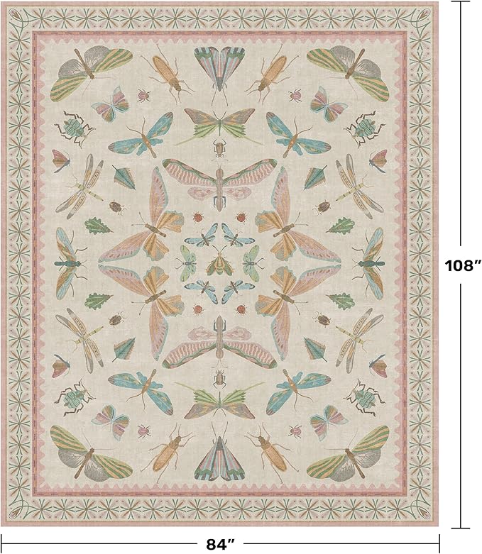 7x9 Cute Insect Rugs for Girls Bedroom - Pink and Blue Washable Floral Living Room Rugs, Dining Room Under Table, Insect Print Whimsical Indoor Décor, Low Pile & Soft
