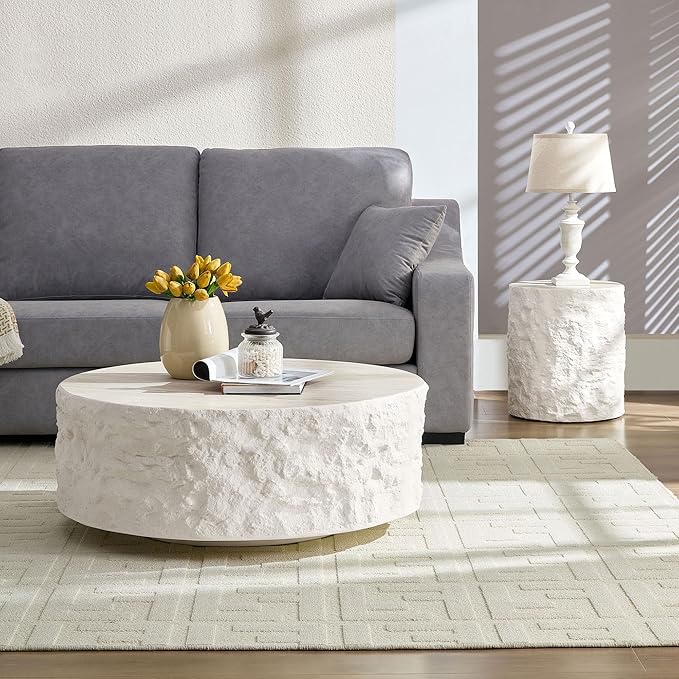 Round Fiberglass Coffee Table for Living Room,15.75 Inch Side Table for Bedroom,Modern Design Imitation Stone End Table for Apartment,No Need Assembly,Beige