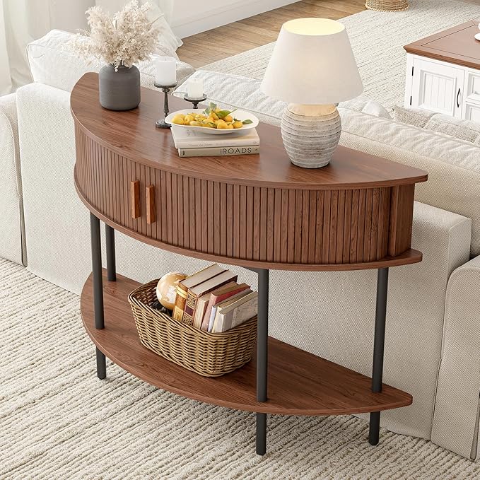 ONBRILL Half Moon Fluted Console Table, Entryway Table with Storage, Mid-Century Modern Sofa Tables, Behind Couch Tables, for Entryway, Hallway, Living Room, Small Spaces, Walnut